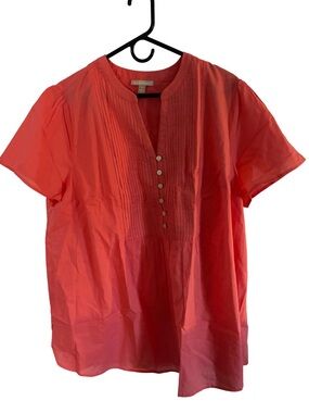 Woman Within Large Coral Pintuck Button Front Cotton Short Sleeve Tunic NWT